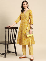 Thumbnail for Sangria Women Mustard Yellow Ethnic Motifs Printed Angrakha Gotta Patti Kurta with Trousers - Distacart