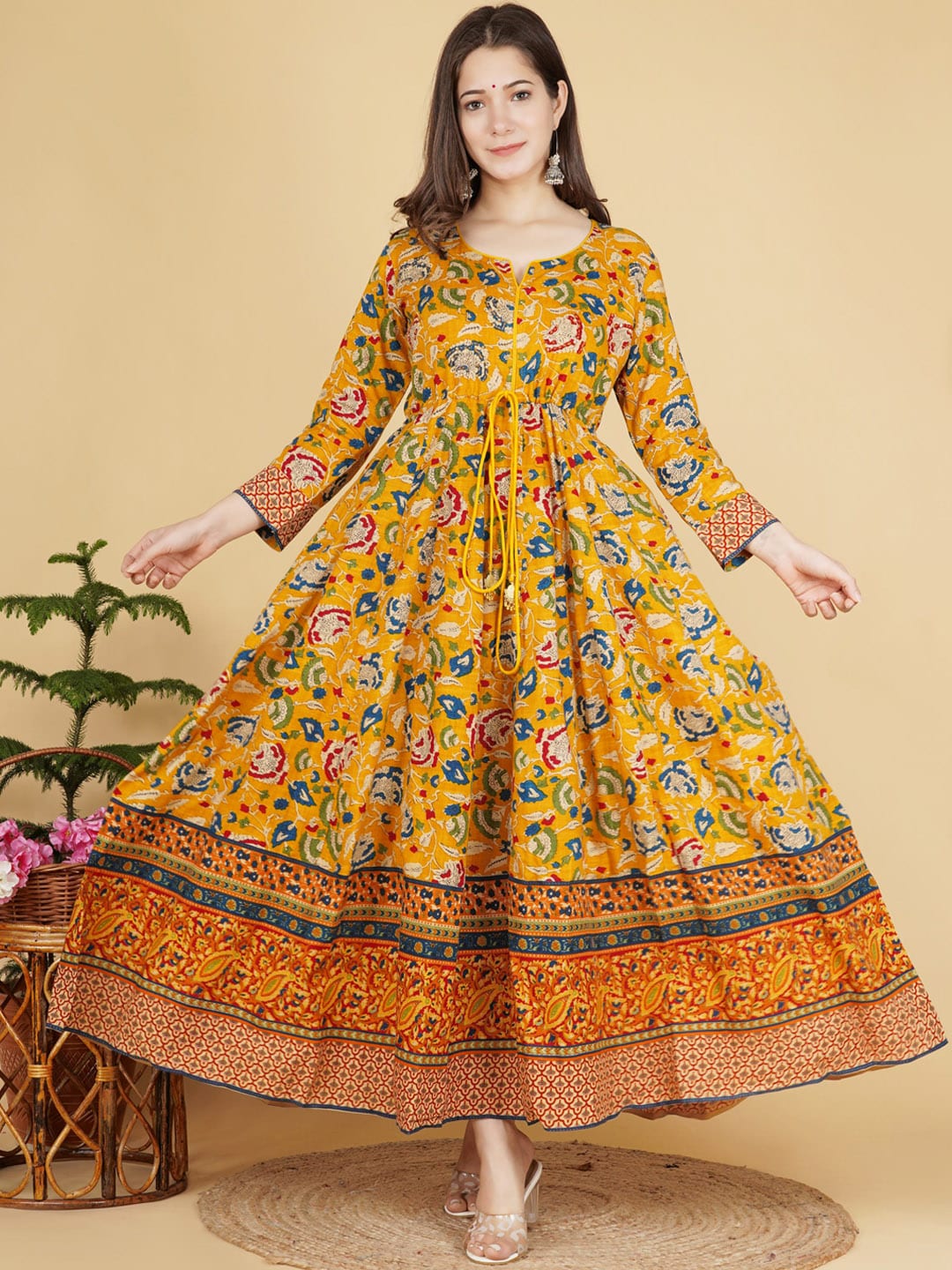 Kalini Women Mustard Yellow Floral Printed Anarkali Fusion Kurta - Distacart