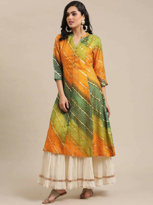 Varanga Mustard Yellow & Green Bandhani Dyed Anarkali Kurta - Distacart