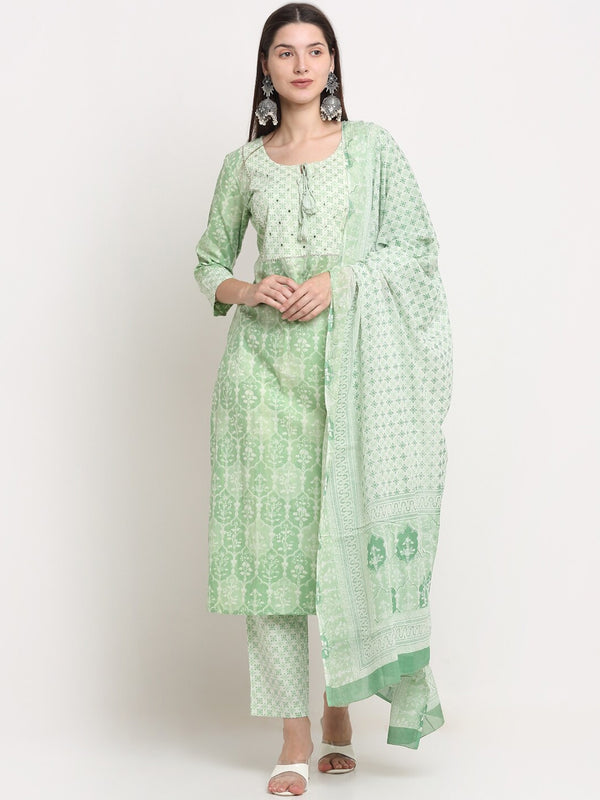 Kalini Women Green Ethnic Motifs Printed Mirror Work Pure Cotton Kurta with Trousers & With Dupatta - Distacart