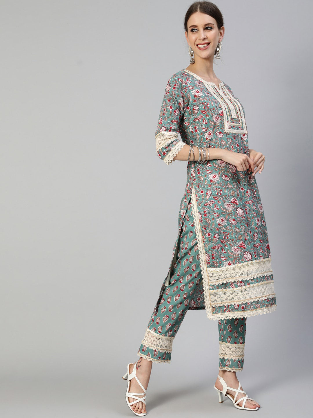 Ishin Women Green Ethnic Motifs Pleated Pure Cotton Kurti with Trousers & Dupatta - Distacart