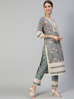 Thumbnail for Ishin Women Green Ethnic Motifs Pleated Pure Cotton Kurti with Trousers & Dupatta - Distacart