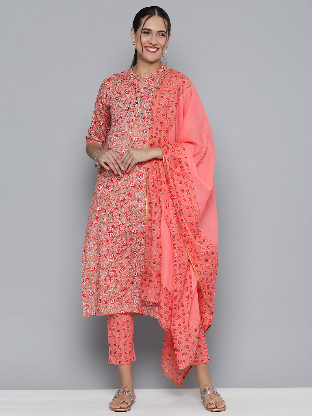 HERE&NOW Women Pink Floral Printed Pure Cotton Kurta with Trousers & With Dupatta - Distacart