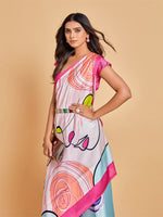 Thumbnail for Sangria Pink & Blue Abstract Printed Satin Saree - Distacart