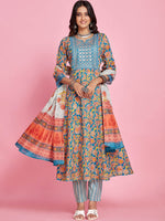 Thumbnail for Sangria Blue Floral Printed Thread Work A-Line Kurta & Trouser With Dupatta - Distacart
