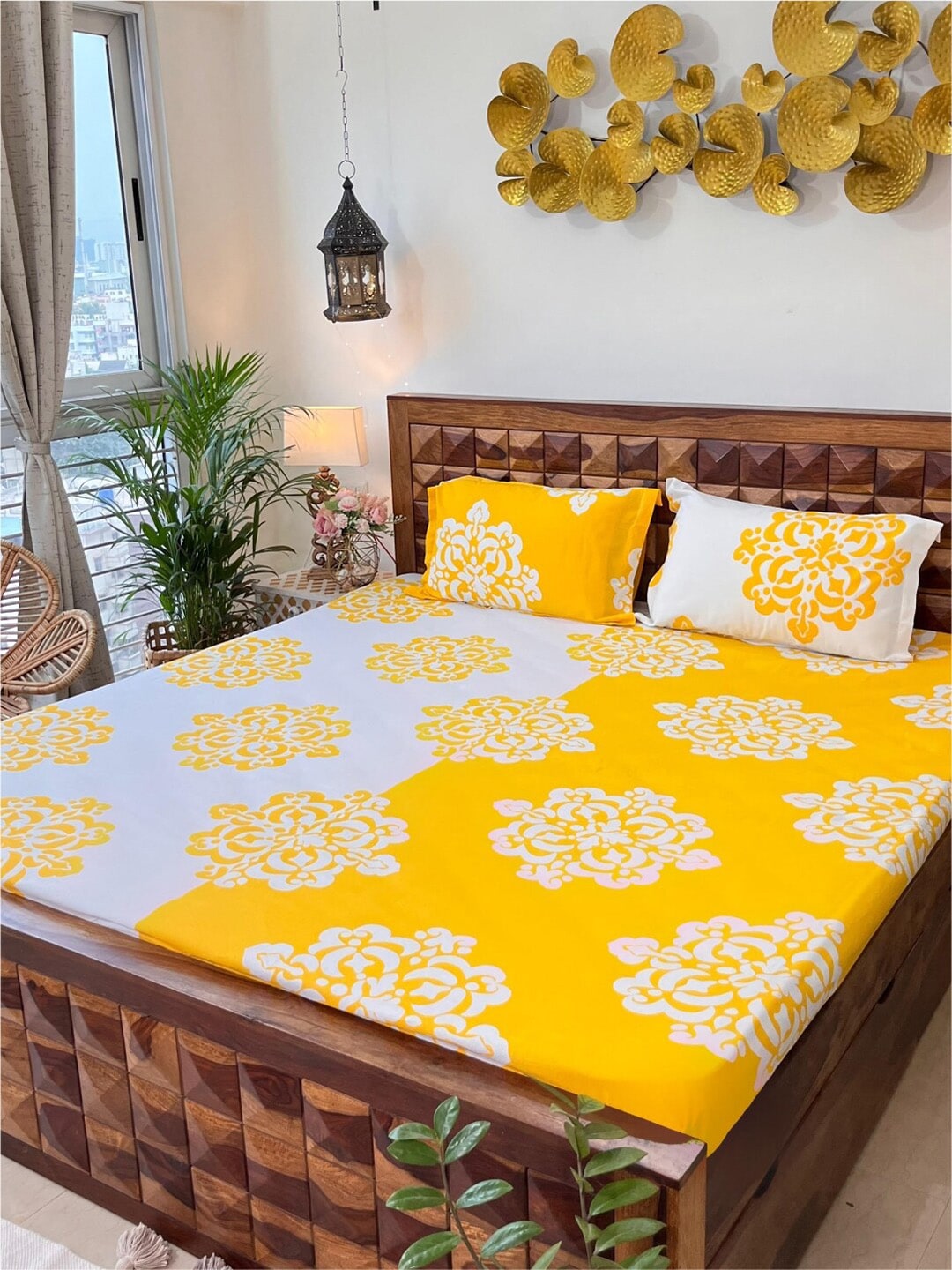 URBAN SPACE Divine White Ethnic Motifs 144 TC Cotton Queen Bedsheet & 2 Pillow Covers - Distacart