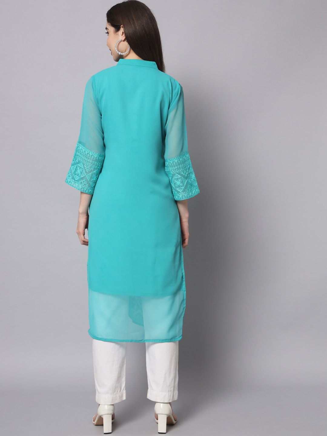 HERE&NOW Women Turquoise Blue Ethnic Motifs Embroidered Thread Work Georgette Kurta - Distacart