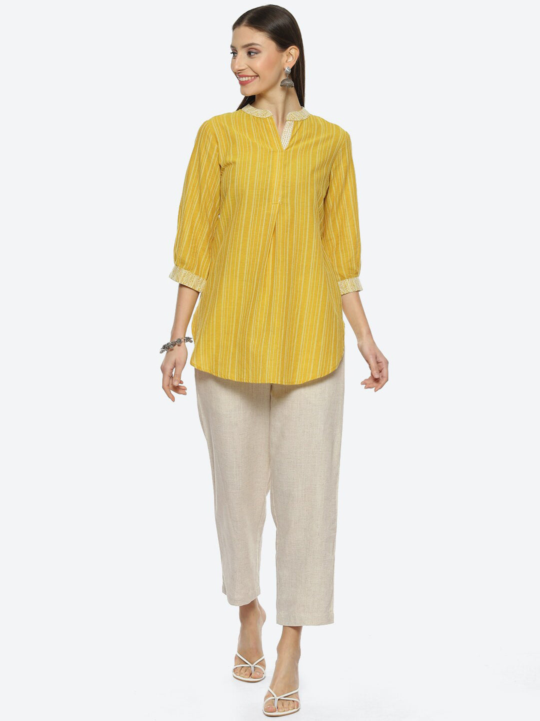 Biba Mandarin Collar Striped Kurti with Trousers - Distacart