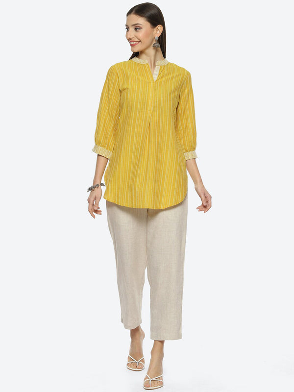 Biba Mandarin Collar Striped Kurti with Trousers - Distacart