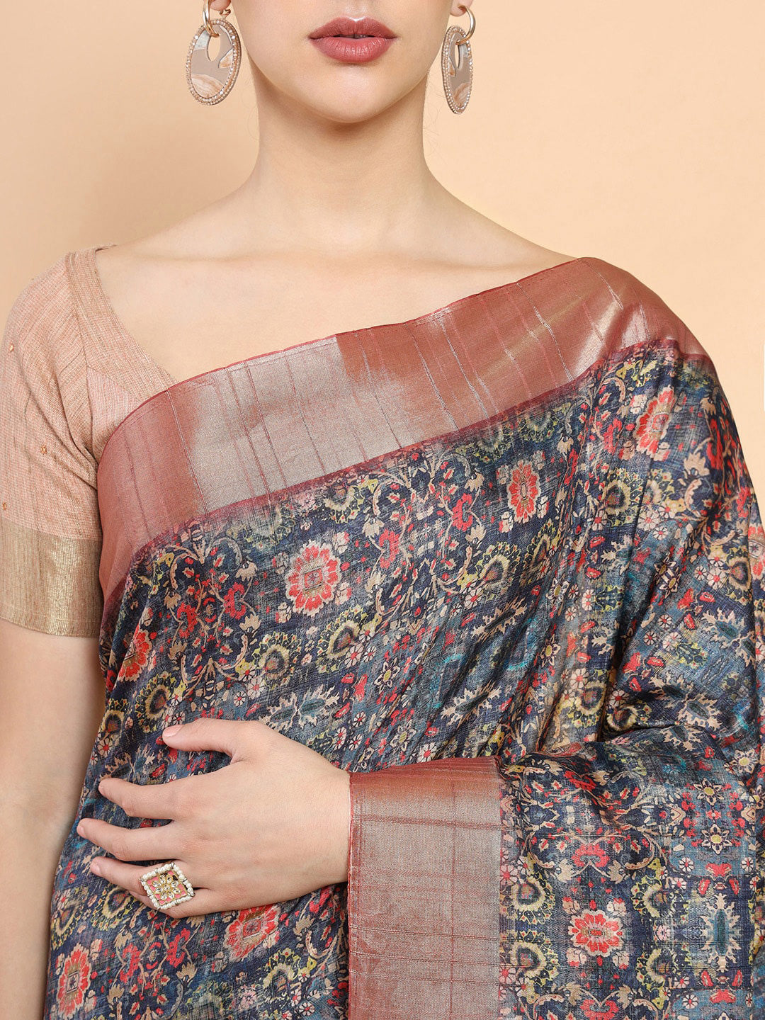 Soch Blue & Pink Floral Zari Silk Blend Ready to Wear Saree - Distacart