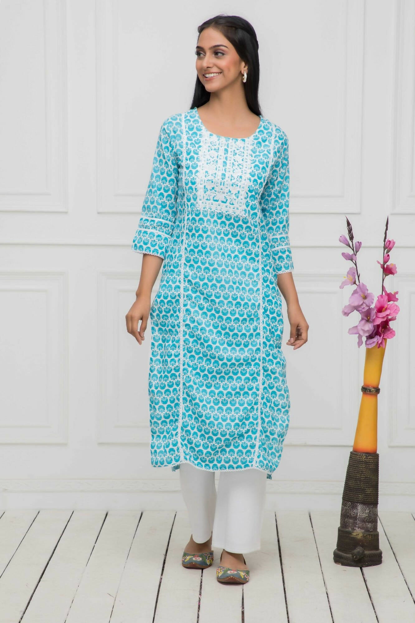 Myshka Blue Women Solid Cotton Straight Round Neck Kurtas - Distacart