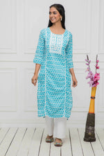 Thumbnail for Myshka Blue Women Solid Cotton Straight Round Neck Kurtas - Distacart