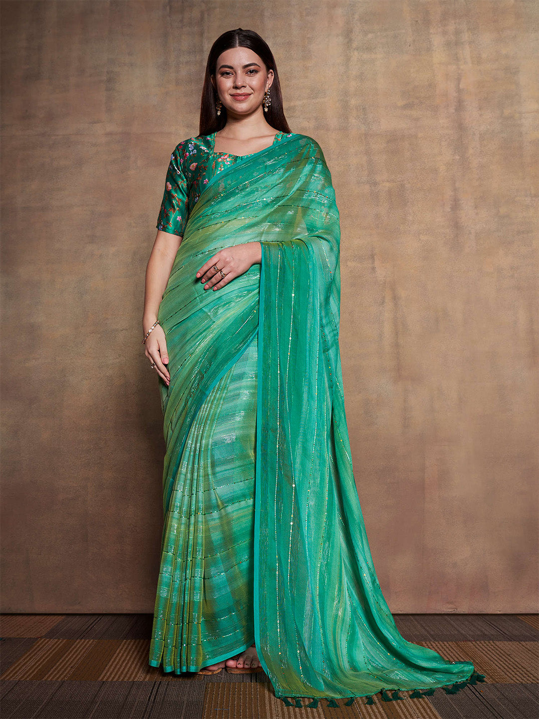 Mitera Green Striped Sequinned Pure Chiffon Saree - Distacart