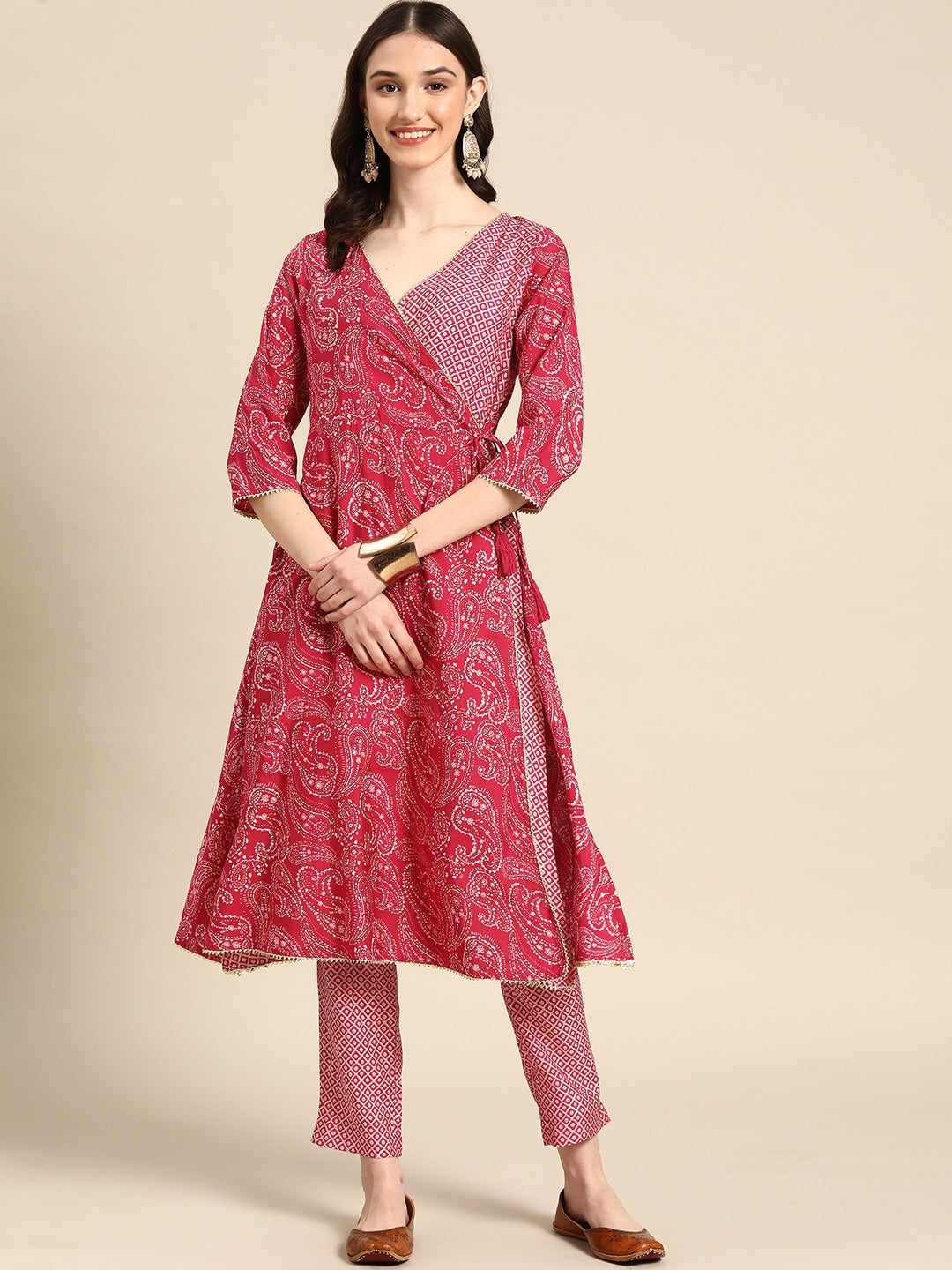 Sangria Women Fuchsia Ethnic Motifs Printed Angrakha Gotta Patti Kurta with Trousers - Distacart