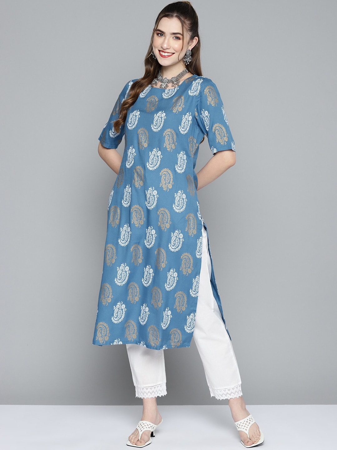 HERE&NOW Women Blue & Golden Paisley Printed Straight Kurta - Distacart