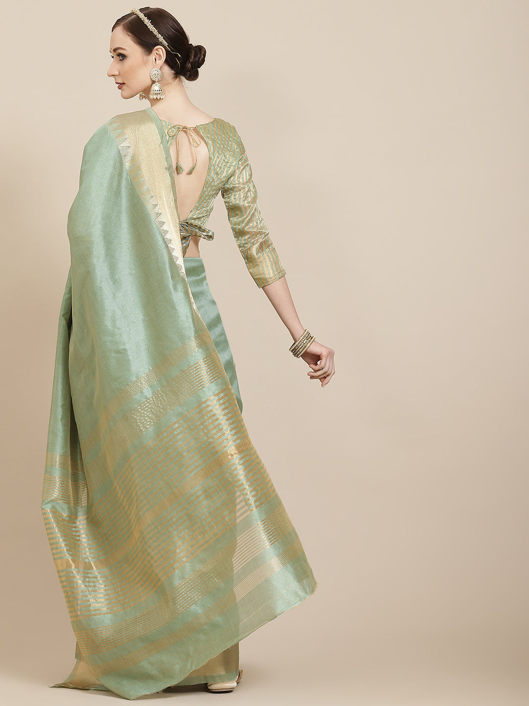 Kalini Green & Golden Solid Woven Design Saree - Distacart
