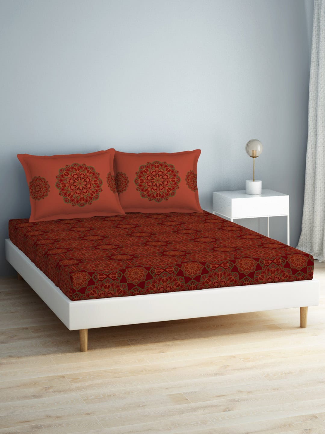 SPACES Aurum Red Ethnic Motifs Pure Cotton 140 TC Queen Bedsheet with 2 Pillow Covers - Distacart