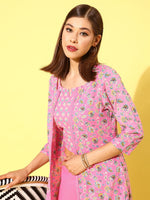Thumbnail for HERE&NOW Women Pink Floral Printed Regular Pure Cotton Kurta with Palazzos - Distacart