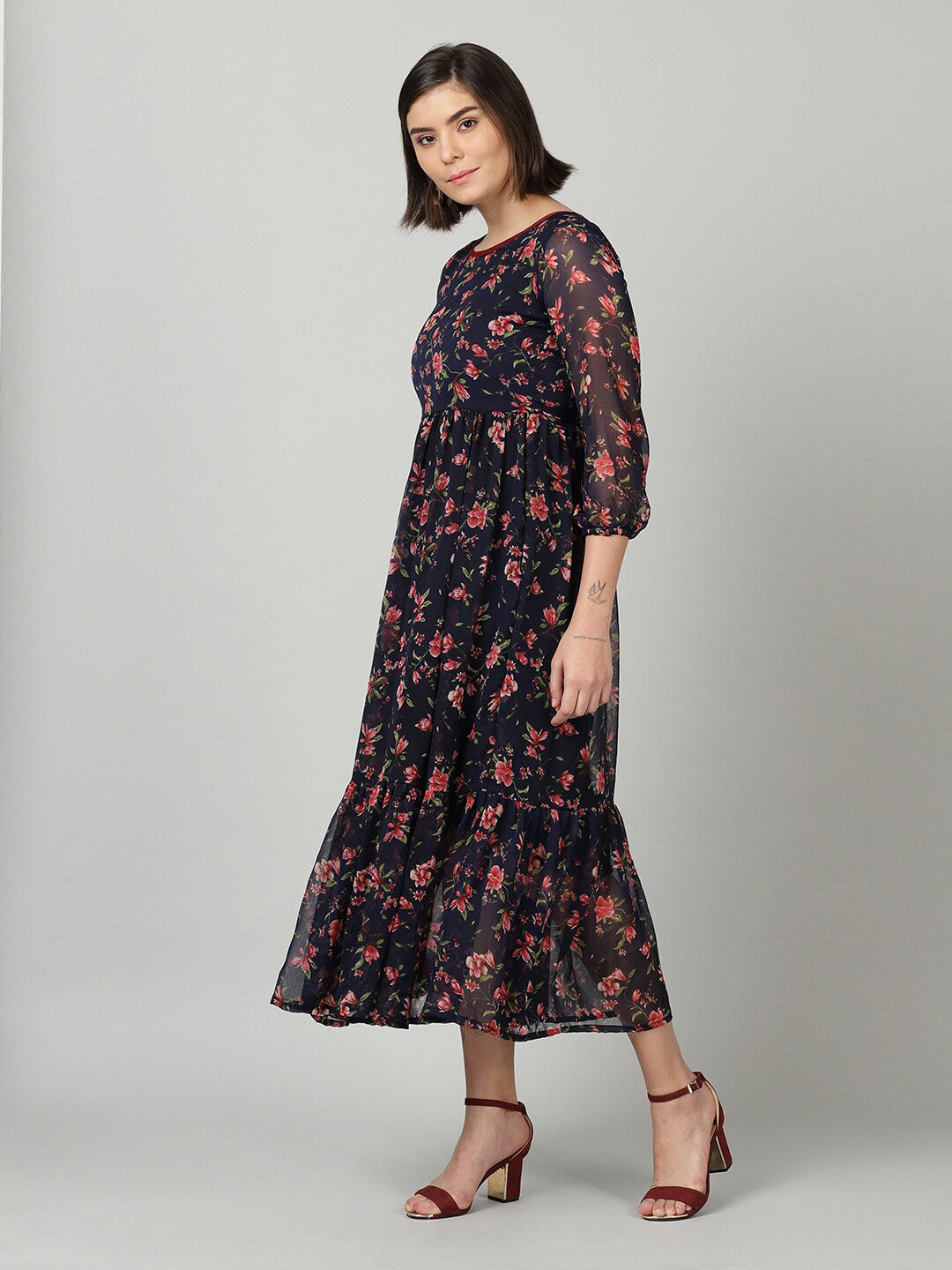 Souchii Women Navy Blue & Red Floral Chiffon A-Line Tiered Dress - Distacart