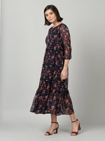Thumbnail for Souchii Women Navy Blue & Red Floral Chiffon A-Line Tiered Dress - Distacart