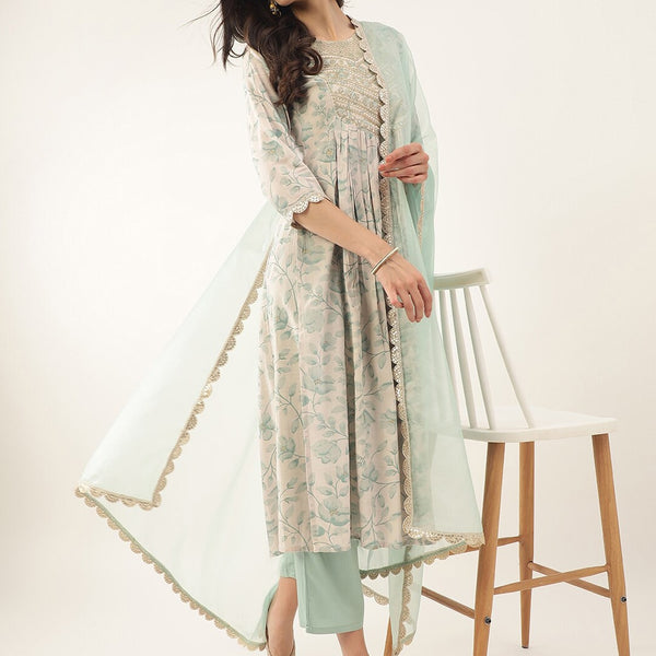Khushal K Floral Printed Empire Thread & Mirror Work Kurta with Palazzos & Dupatta - Distacart