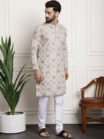 Thumbnail for Sojanya Men Beige Printed Cotton Linen Kurta with Churidar - Distacart