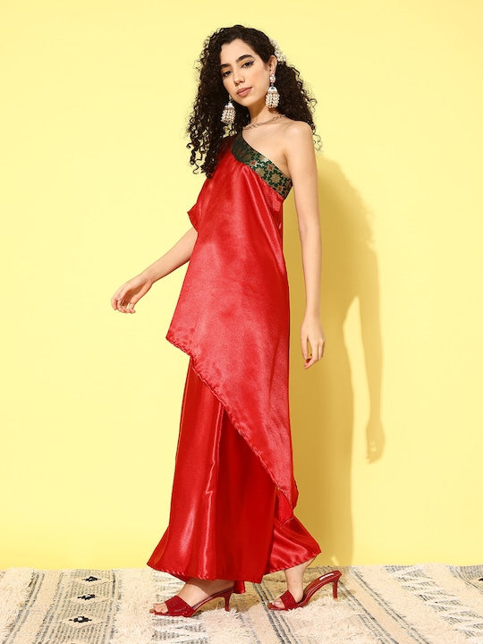 InWeave Women's Red Green Brocade Satin Oneshoulder Kurta Set - Distacart