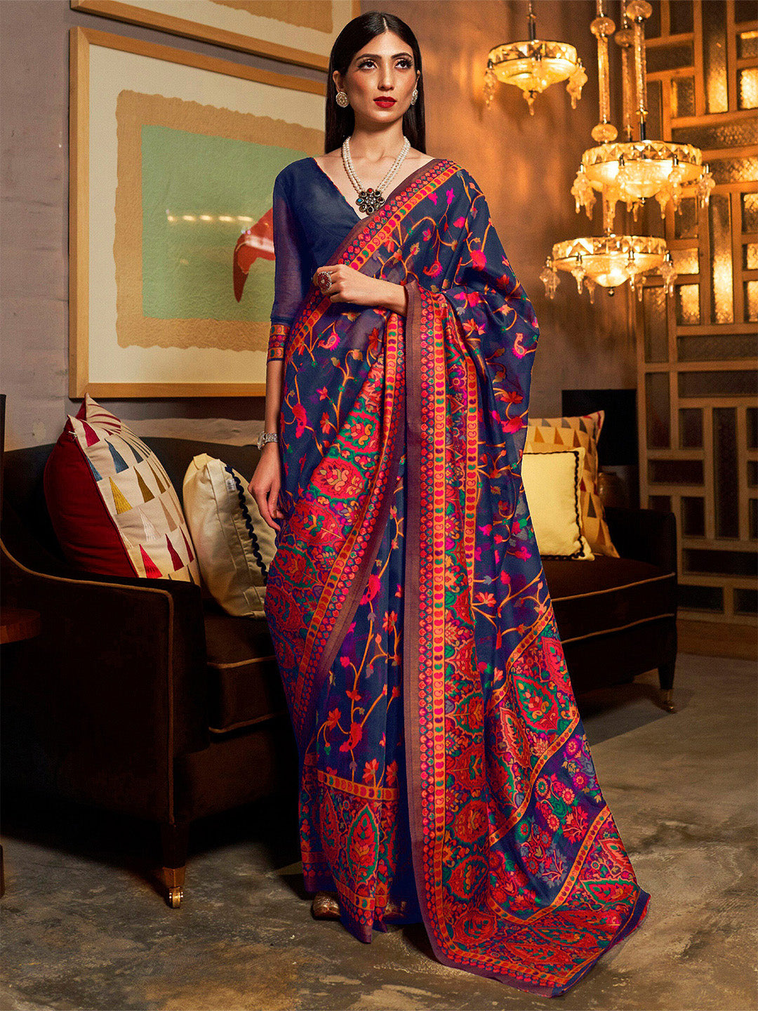 Mitera Navy Blue & Red Woven Design Silk Blend Banarasi Saree - Distacart