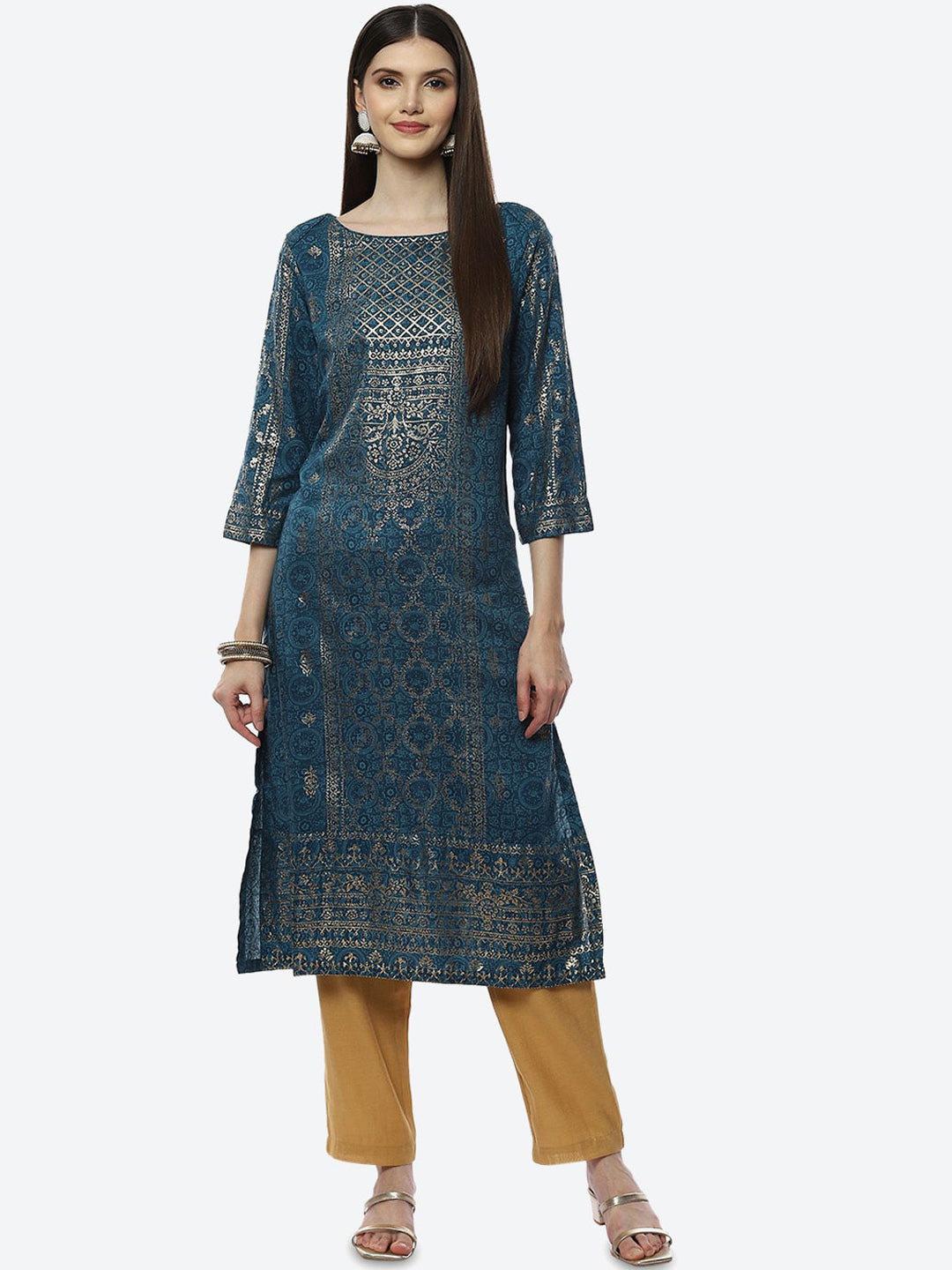 Biba Women Teal Ethnic Motifs Printed Mirror Work Kurta - Distacart