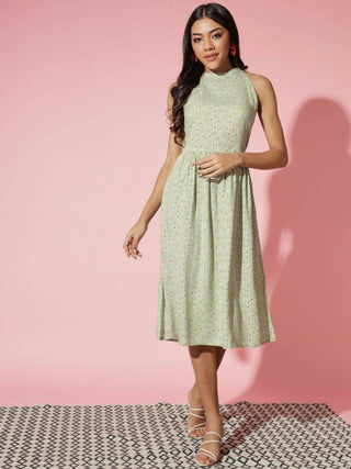 Myshka Women Ethnic Motifs Rayon A-Line Round Neck Green Dress - Distacart