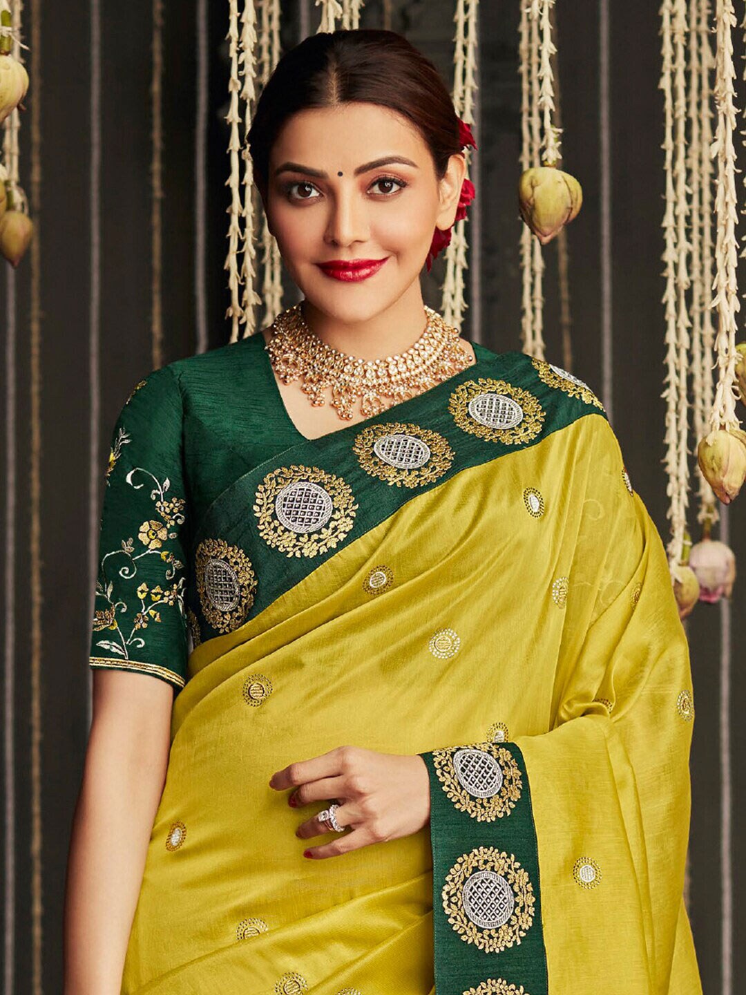 Mitera Yellow & Green Embellished Beads and Stones Silk Blend Saree - Distacart