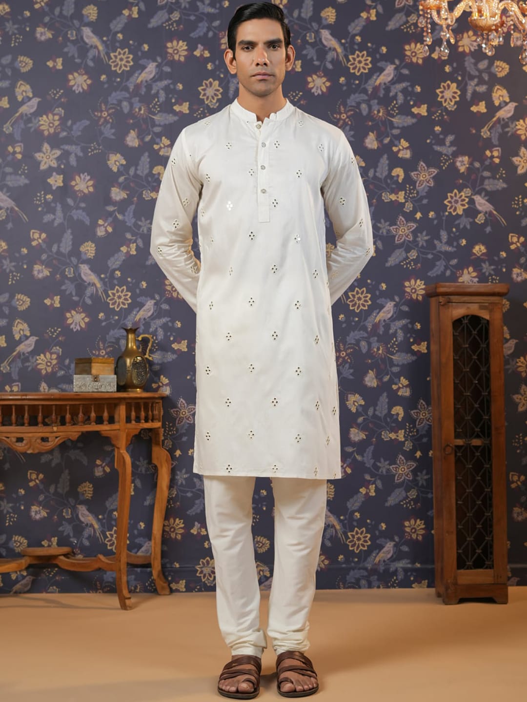 House of Pataudi Embroidered Mirror Work Straight Kurta With Pyjama - Distacart