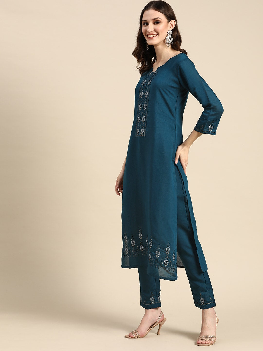 Sangria Women Teal Blue Embroidered Pure Cotton Kurta with Trousers & Dupatta - Distacart