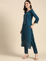 Thumbnail for Sangria Women Teal Blue Embroidered Pure Cotton Kurta with Trousers & Dupatta - Distacart