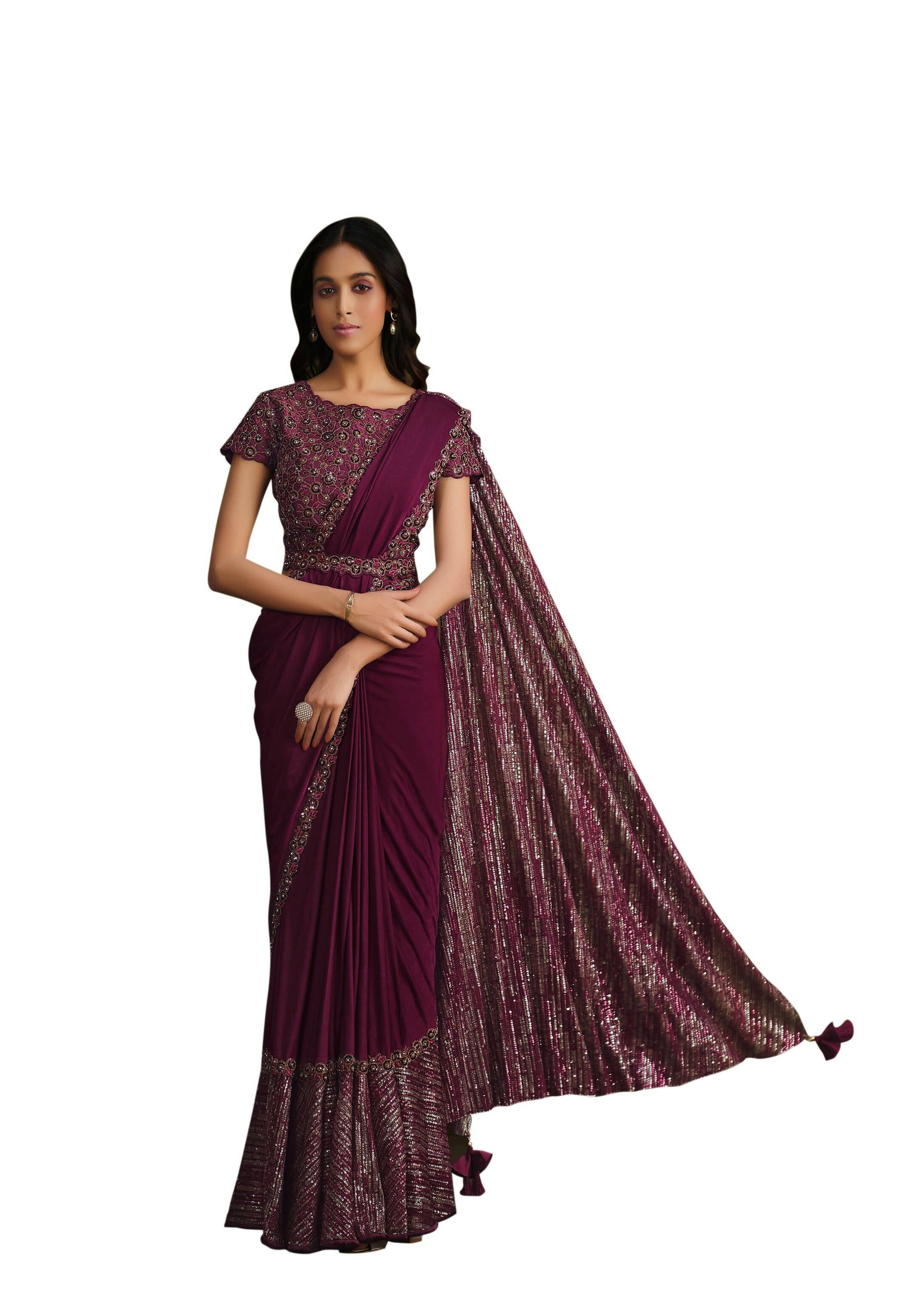 Maroon Crystal Silk Sequence Embroidered Saree With Stitched Blouse - Mohmanthan La Belle - Distacart