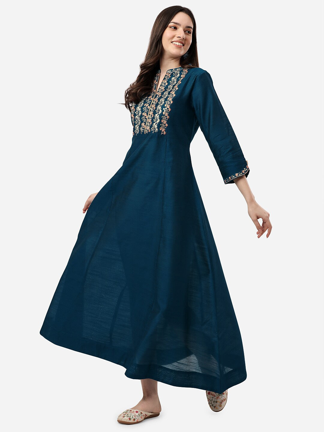 HERE&NOW Mandarin Collar Floral Embroidered A-Line Regular Fit Silk Kurta - Distacart