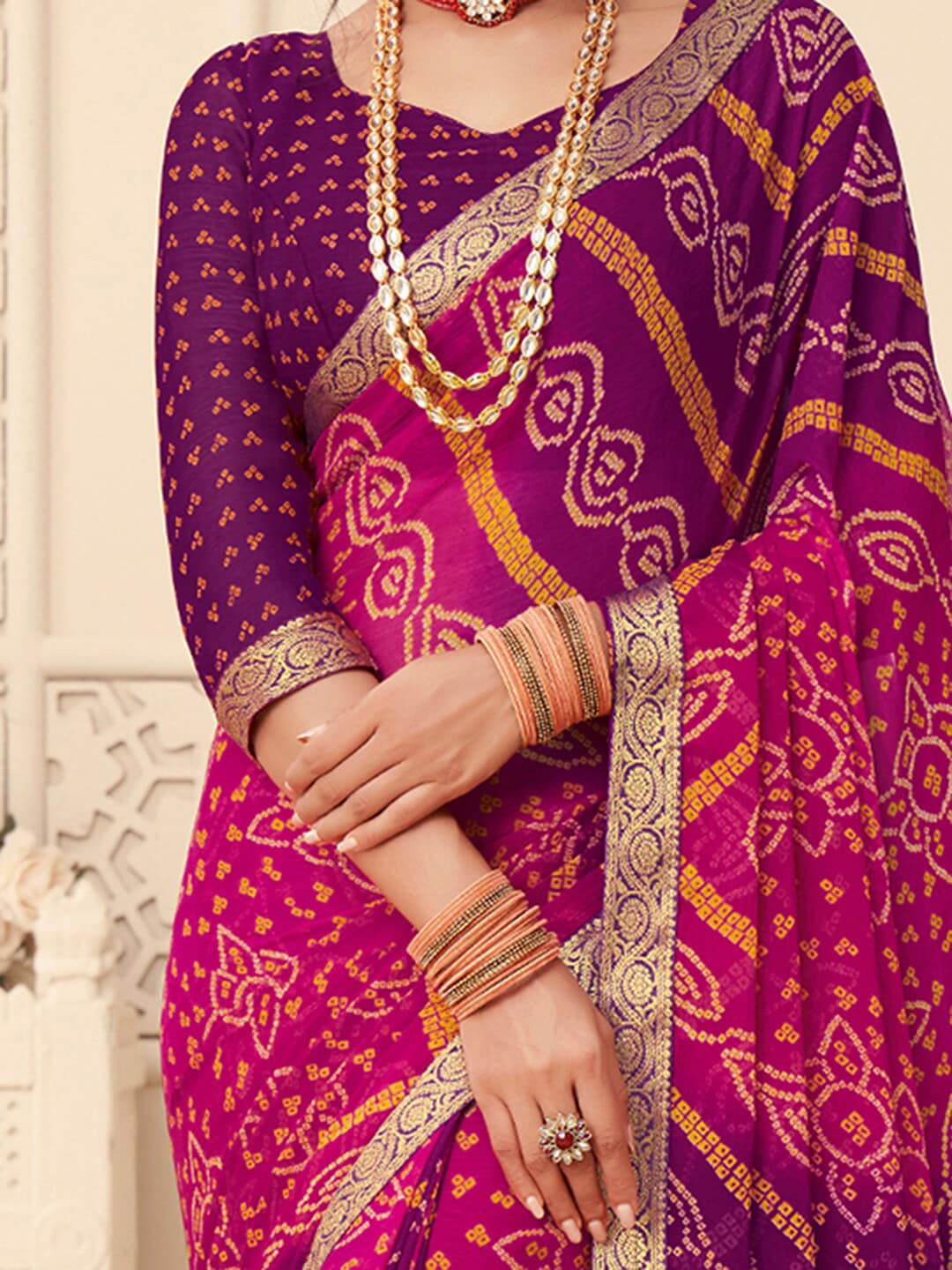 Anouk Pink & Purple Bandhani Printed Zari Pure Chiffon Bandhani Saree - Distacart