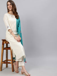 Thumbnail for Jaipur Kurti Women White Pure Cotton Kurta with Trousers & With Dupatta - Distacart