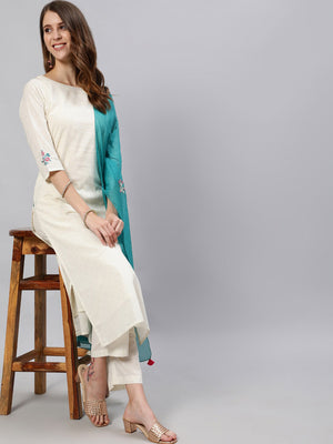 Jaipur Kurti Women White Pure Cotton Kurta with Trousers & With Dupatta - Distacart