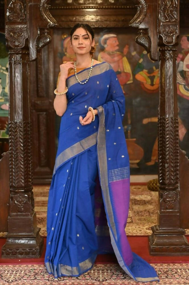 Very Much Indian Handloom Pure Cotton Paithani Swan Pallu-Marine Blue - Distacart