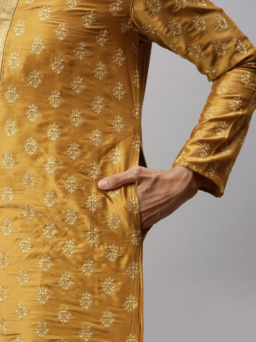Manyavar Men Mustard Yellow & Gold-Toned Embroidered Kurta with Churidar - Distacart