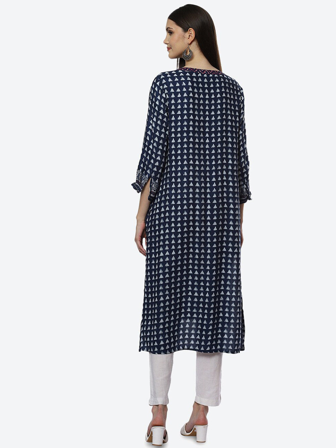 Biba Women Blue Geometric Printed Keyhole Neck Flared Sleeves Thread Work Kurta - Distacart