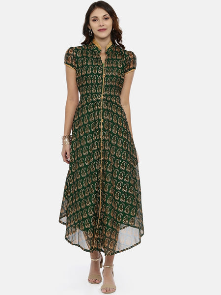 Souchii Green Printed A-Line Dress - Distacart