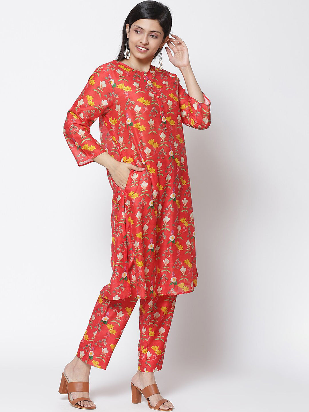 Biba Women Red & Yellow Floral Printed Kurta with Palazzos - Distacart