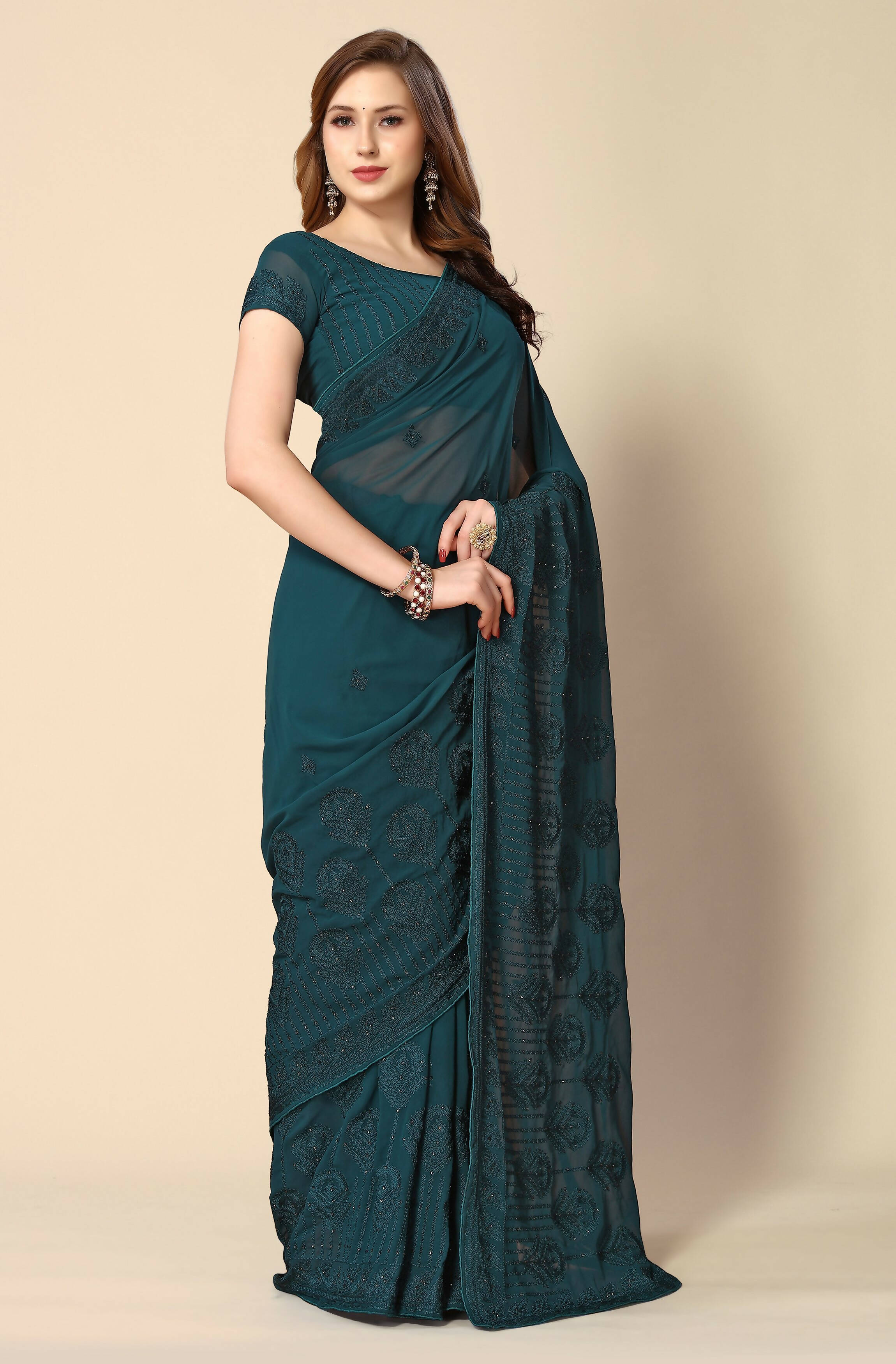 Teal Georgette Embroidered and Stone Work Saree with Unstitched Blouse Piece - Roozal - Distacart