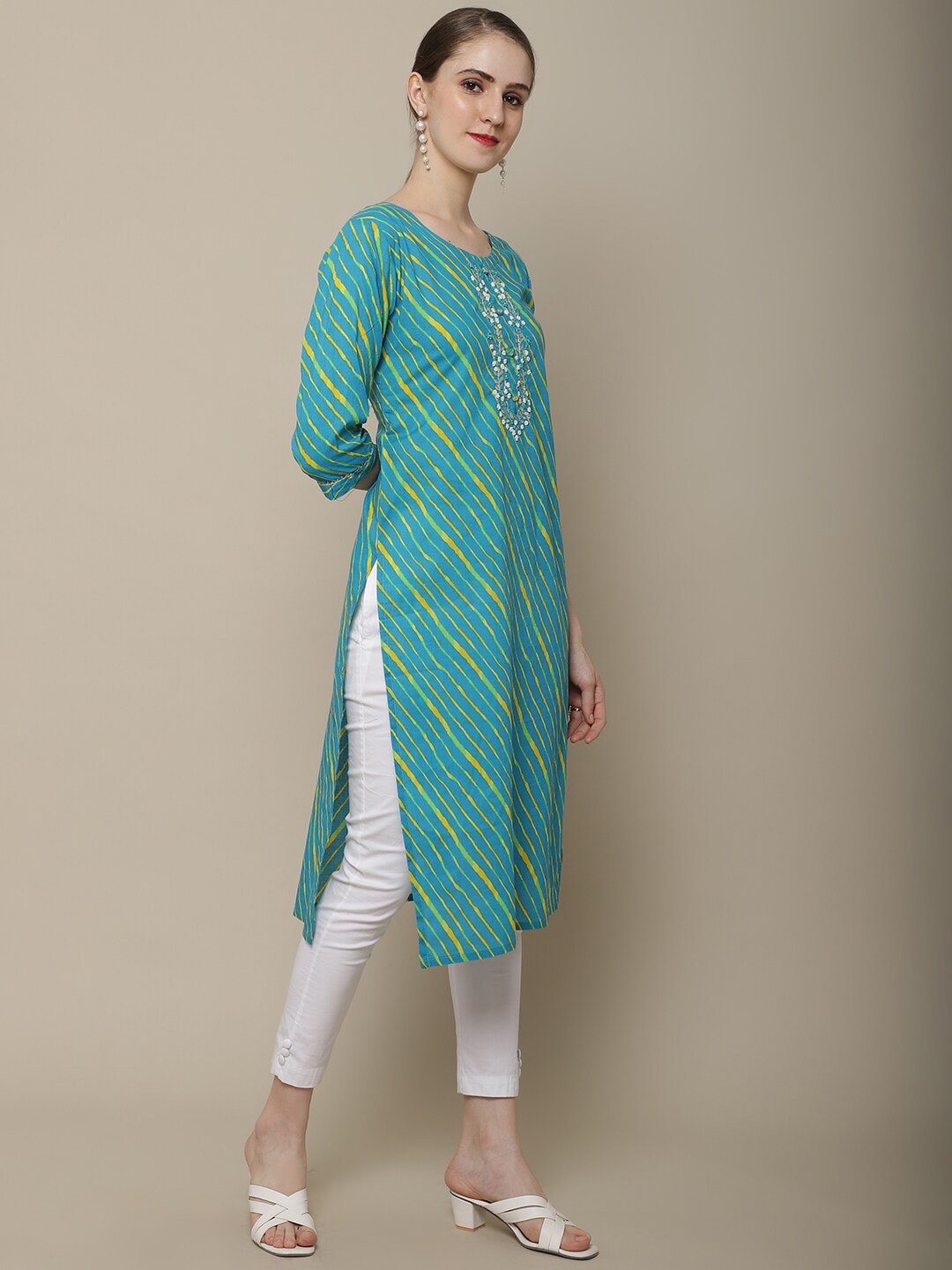 Sangria Women Blue & Yellow Leheriya Dyed Thread Work Kurta - Distacart