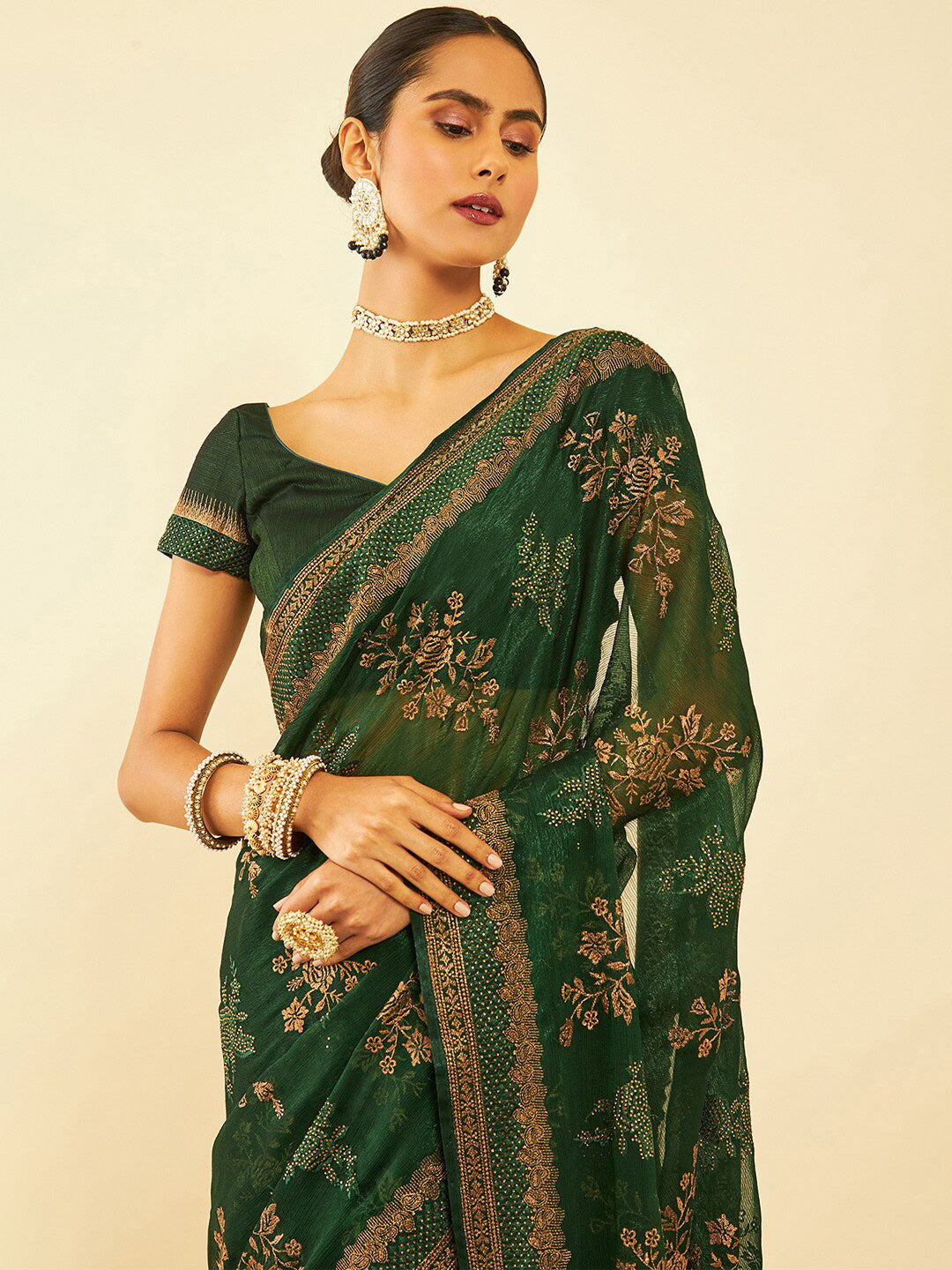 Soch Floral Embroidered Zari Pure Chiffon Saree - Distacart