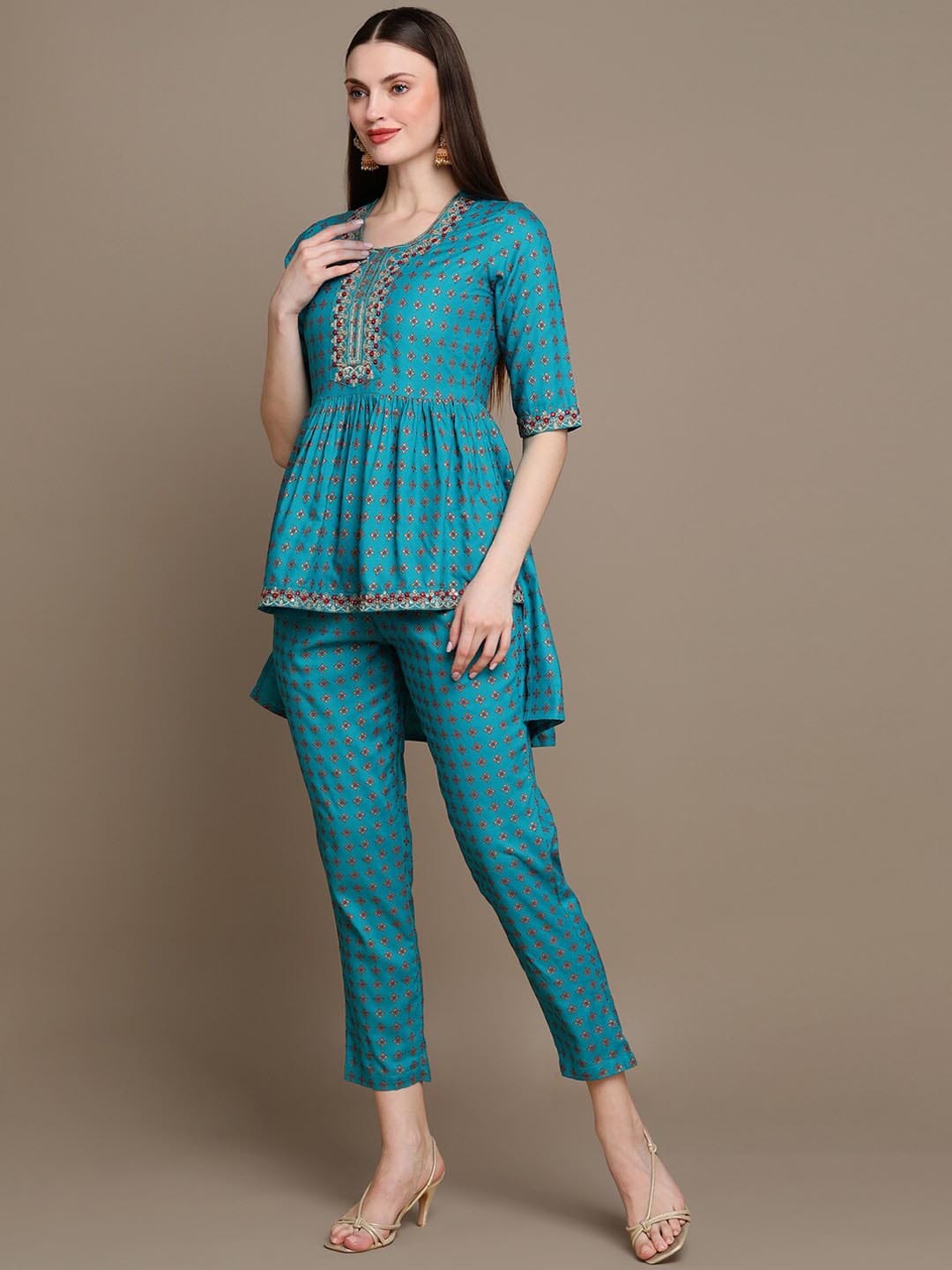 HERE&NOW Ethnic Motifs Embroidered Thread Work & Sequinned High-Low Kurti with Trousers - Distacart