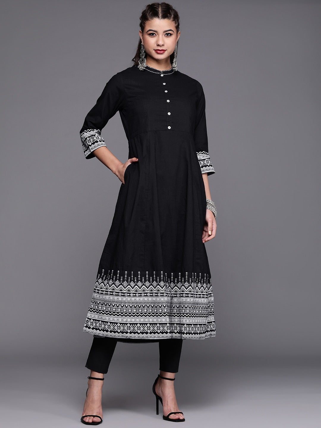 Biba Women Black & White Pure Cotton Solid Kurta With Printed Border - Distacart