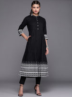 Thumbnail for Biba Women Black & White Pure Cotton Solid Kurta With Printed Border - Distacart